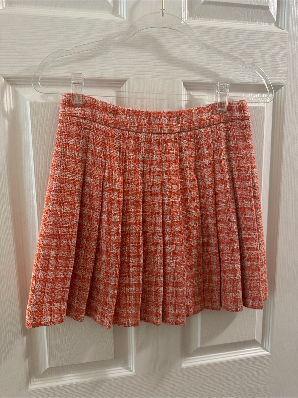 Zara Pleated Tweed Mini Skirt in coral plaid